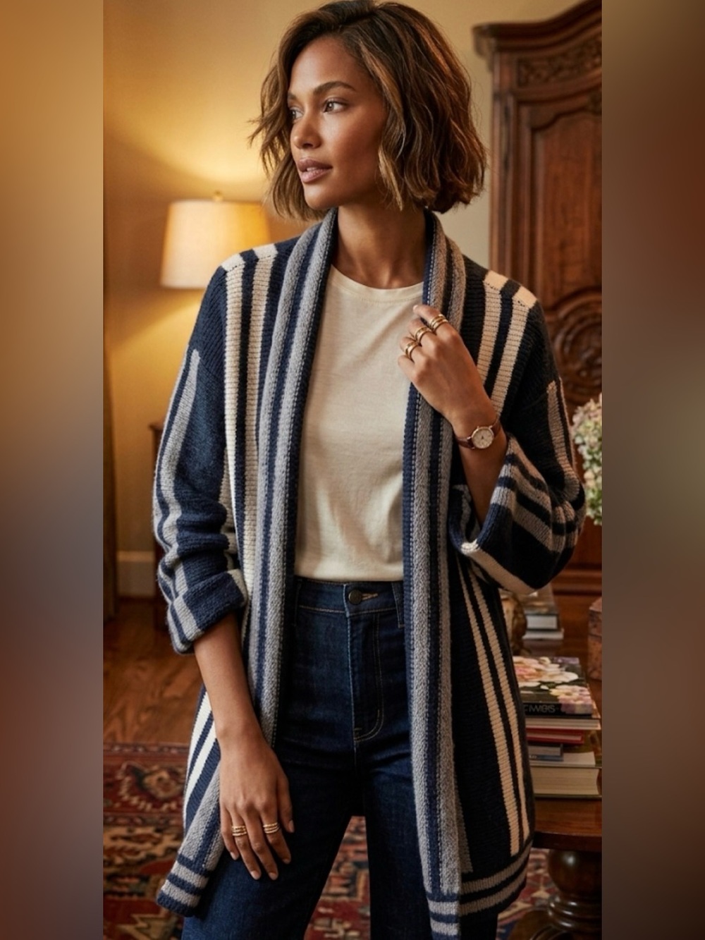 Amuse Society 'Smoke Signal' Navy Blue Cream Stripe Cardigan Sweater